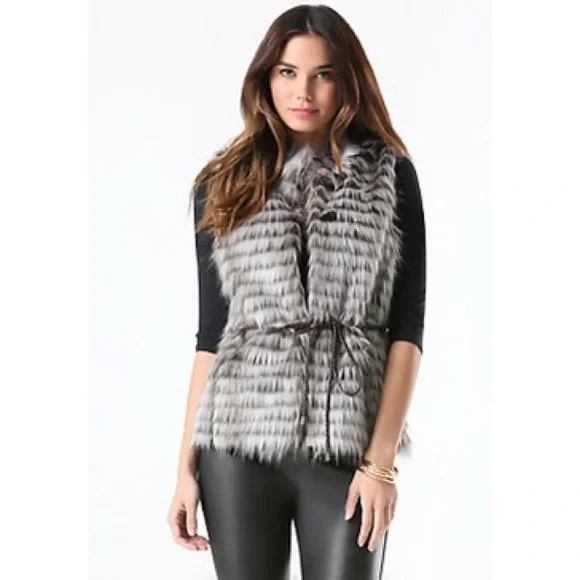 Bebe Grey Striped Faux Fur Belted Vest